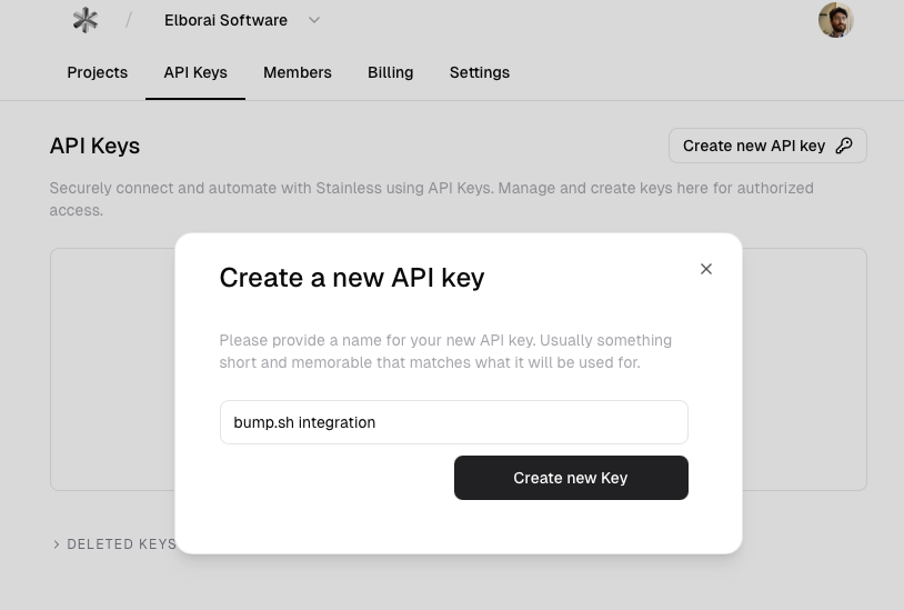 Form to create an API key to use Stainless API