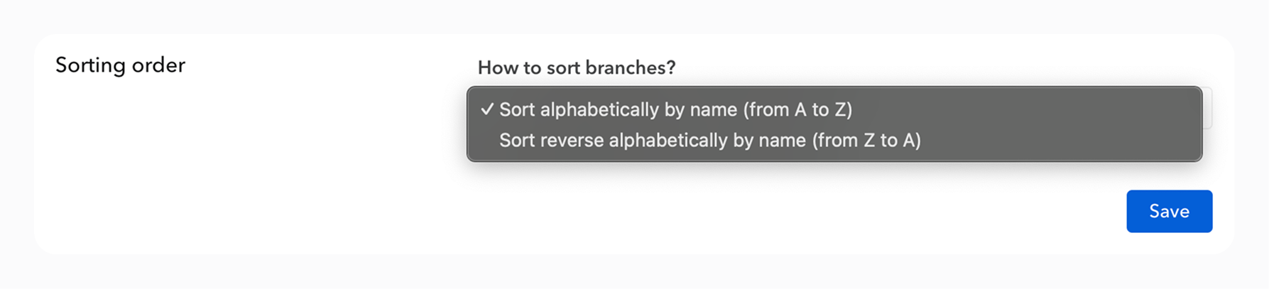 Sorting order select in the branch settings of a documentation