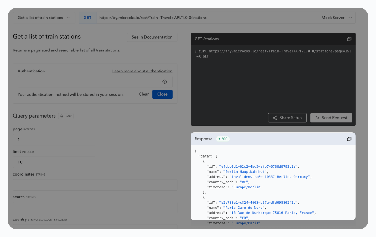 Image of the response module of the API Explorer